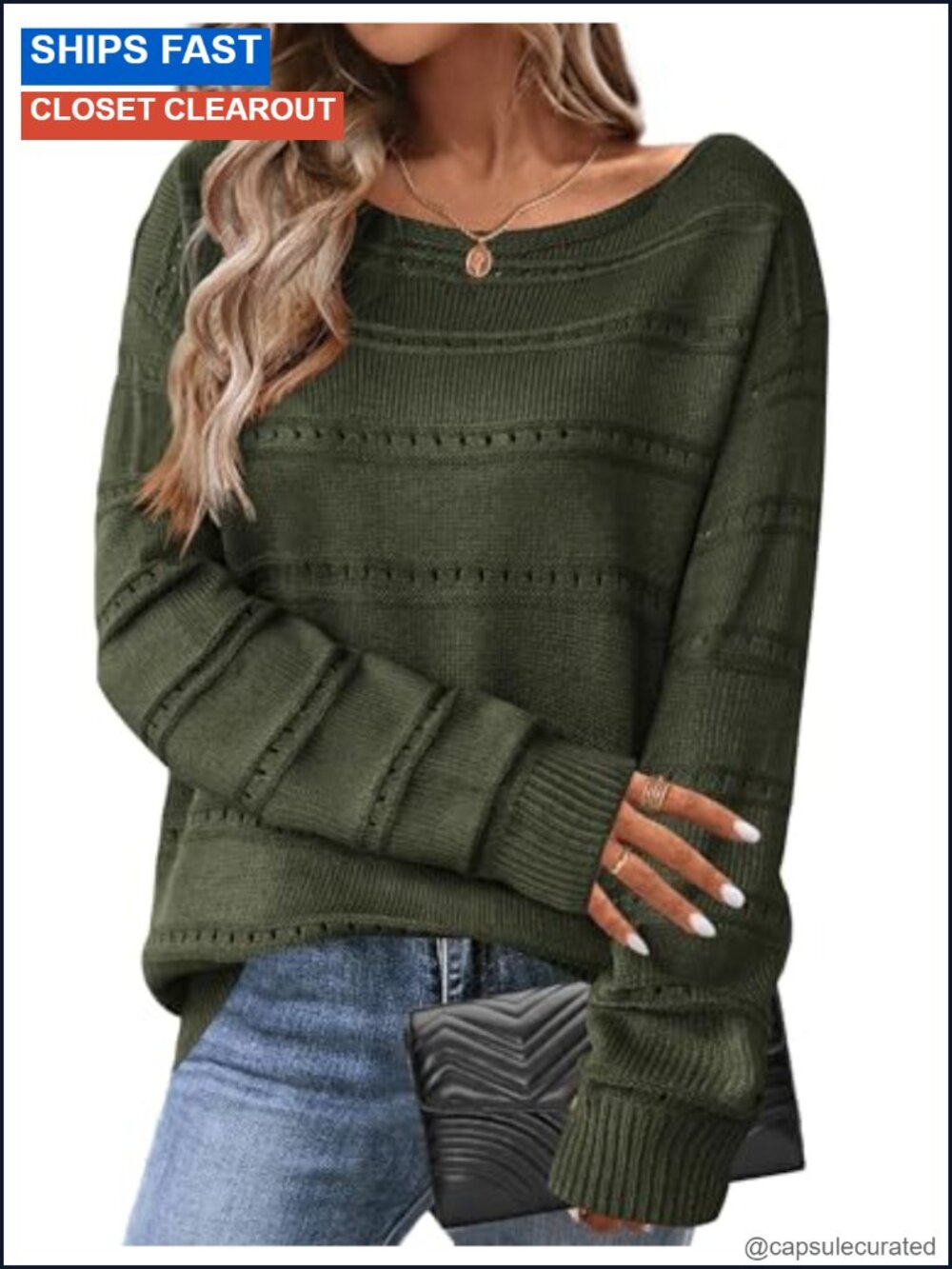 Womens Crochet Sweater Off Shoulder Boat Neck Long Sleeve Pullover